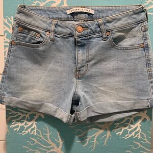 Celebrity Pink, soft blue jean shorts.